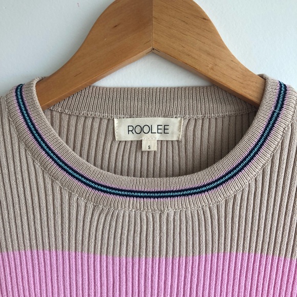 Roolee Ribbed 3/4 Sleeve Pullover Beige Striped Pink Blue Sweater Sz S - Picture 3 of 11